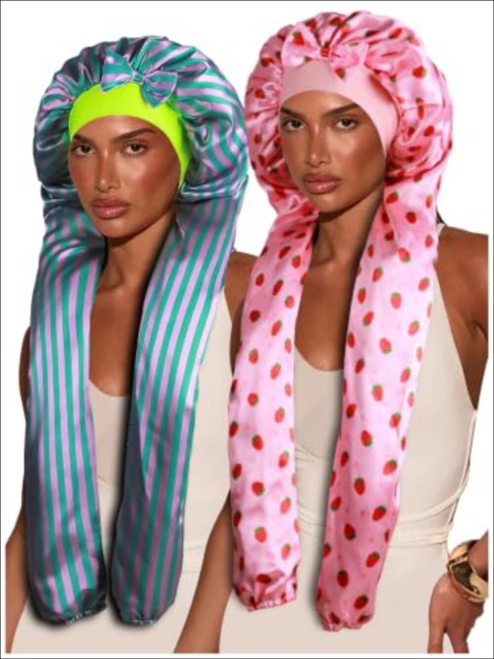 2pc Satin Long Bonnet for Braids Sleep Cap Wide Band Hair Protection